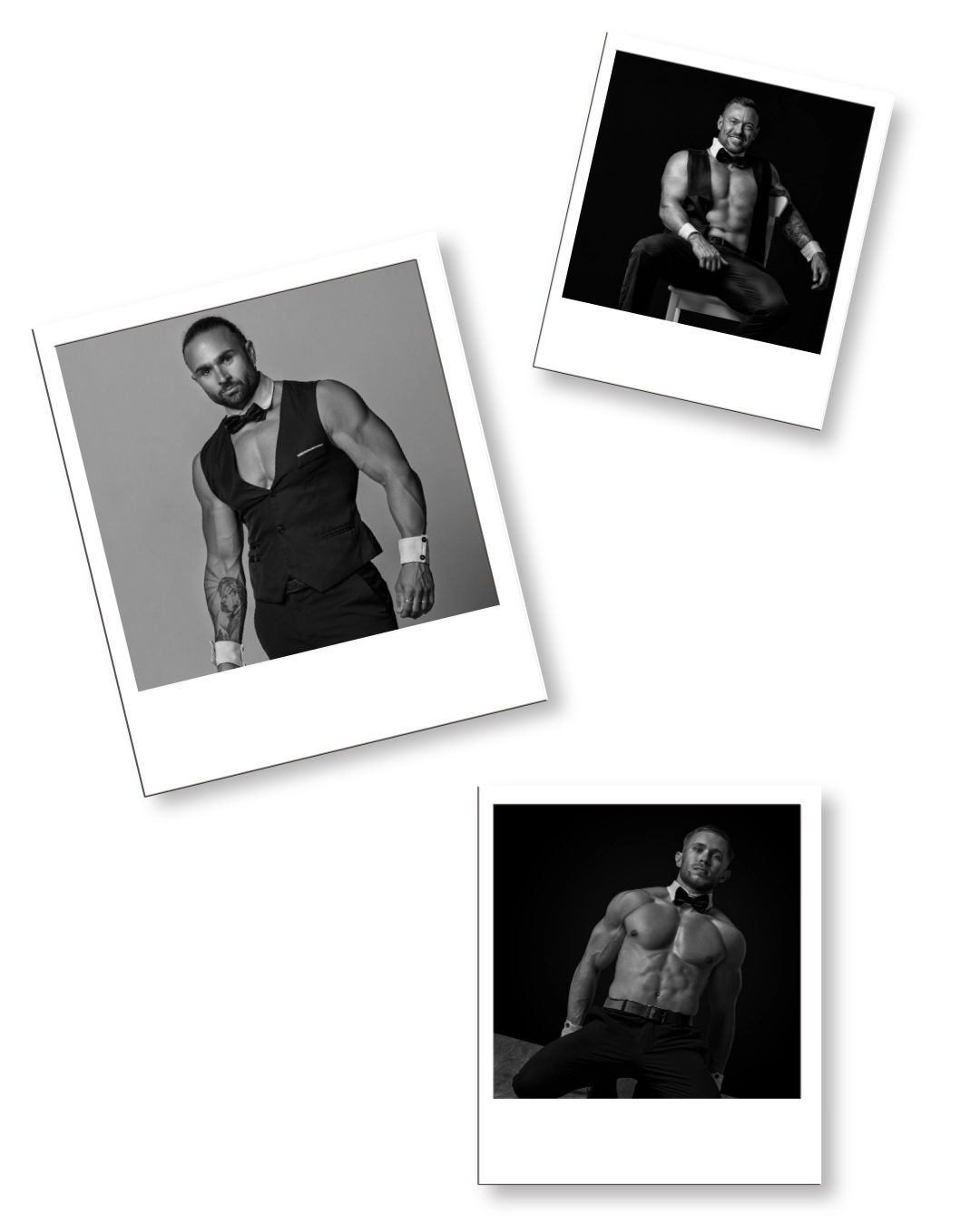 Collage noir et blanc des artistes Drogo, Enzo et Travis du Golden Boys Show