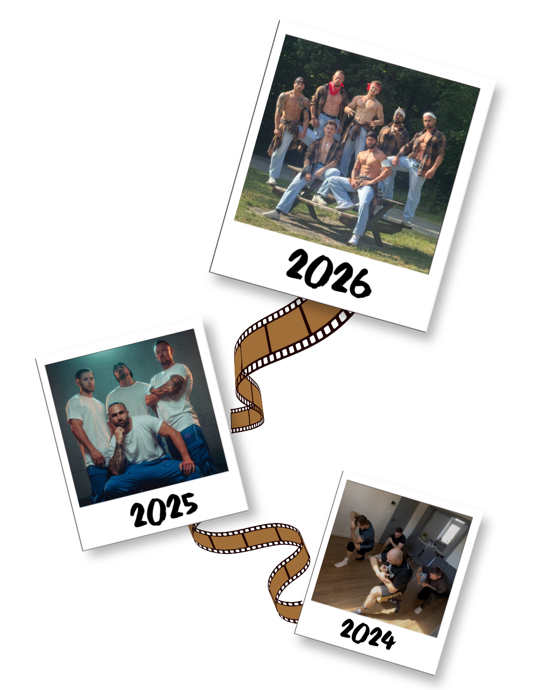 Collage photo retraçant l’évolution de la troupe Golden Boys Show, des répétitions aux spectacles en groupe