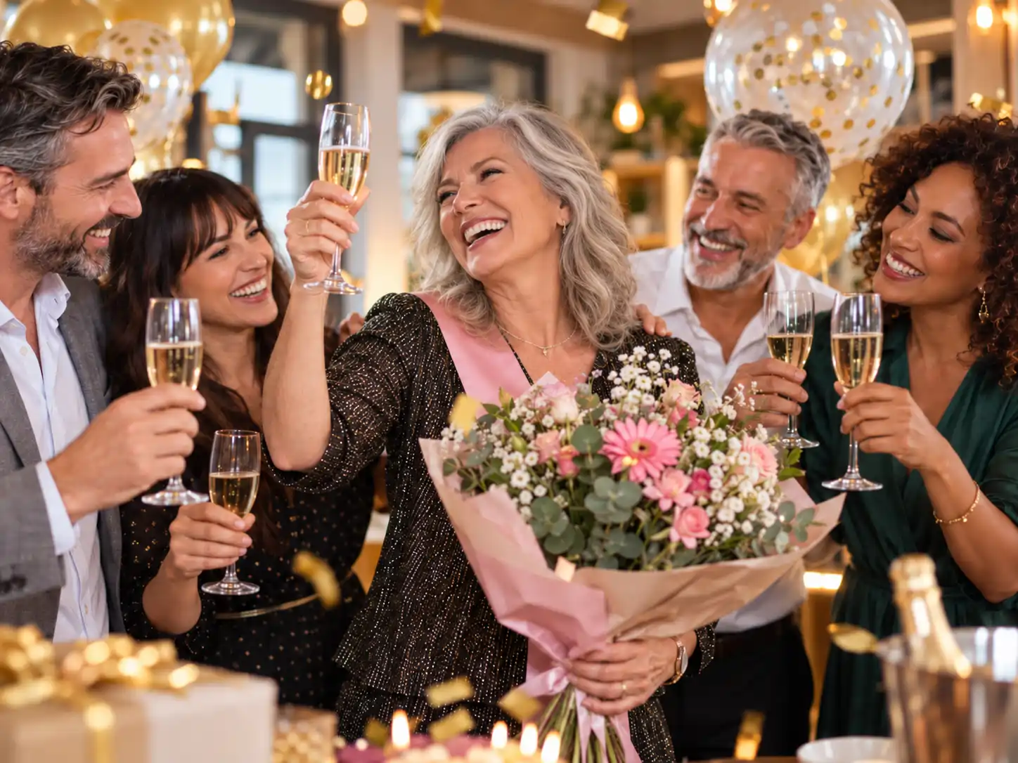 Femme célébrant son départ à la retraite entourée de proches avec du champagne