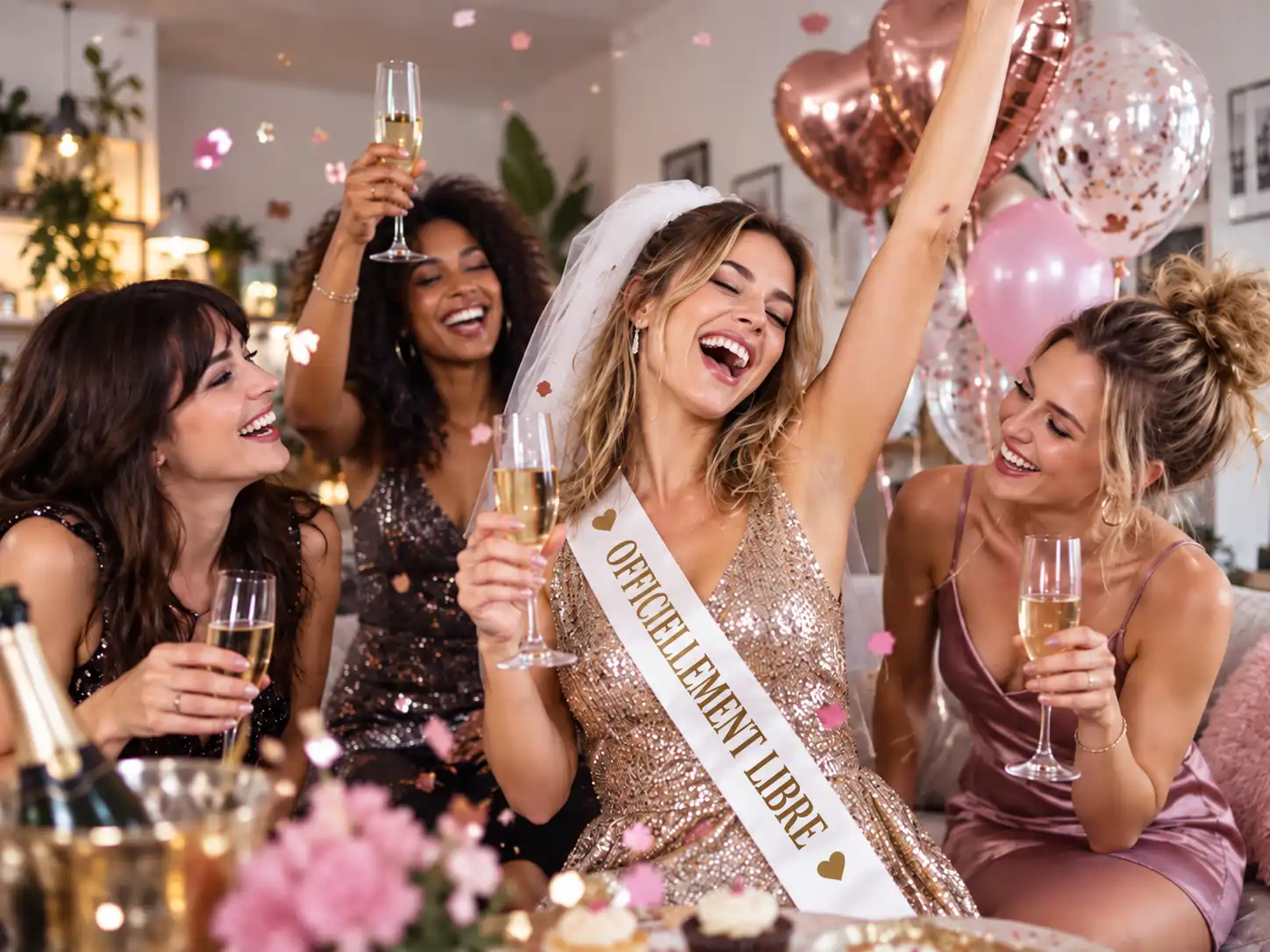 Femme célébrant une divorce party entourée de ses amies dans une ambiance élégante